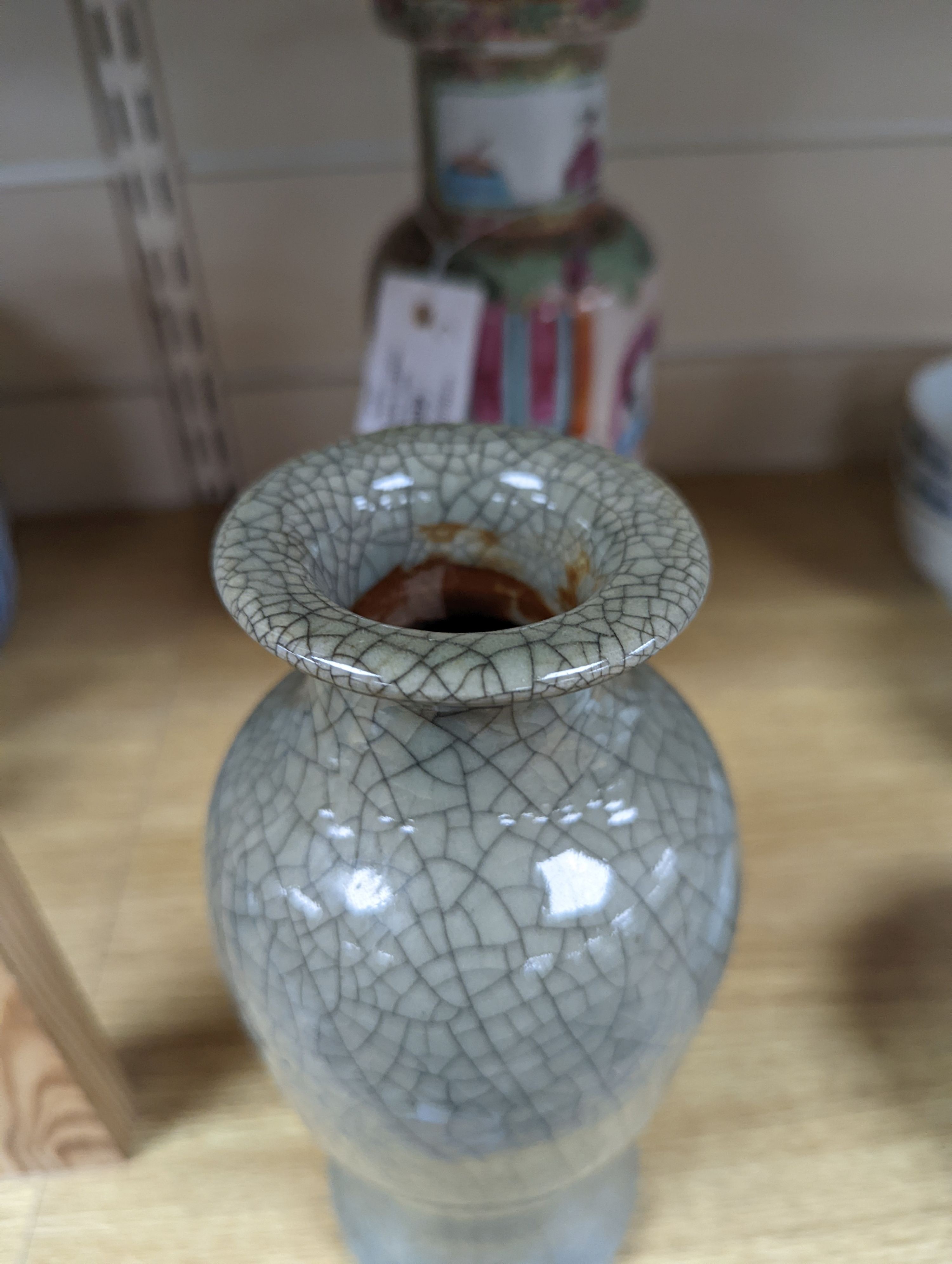 Two Chinese famille rose vases and a Celadon crackle glazed vase, 19th-century and later, tallest 25 cm